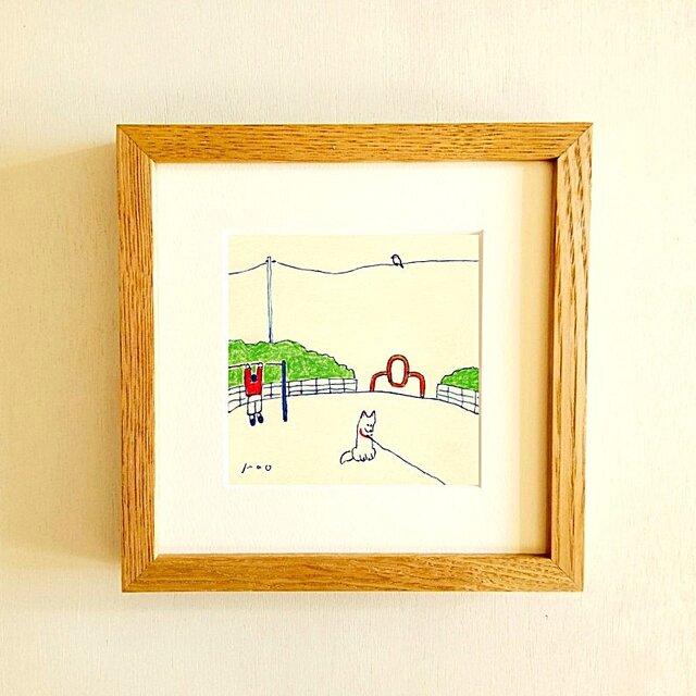 原画・イラスト】「公園にて」 ※木製額縁入り（18㎝角）犬の絵・風景画