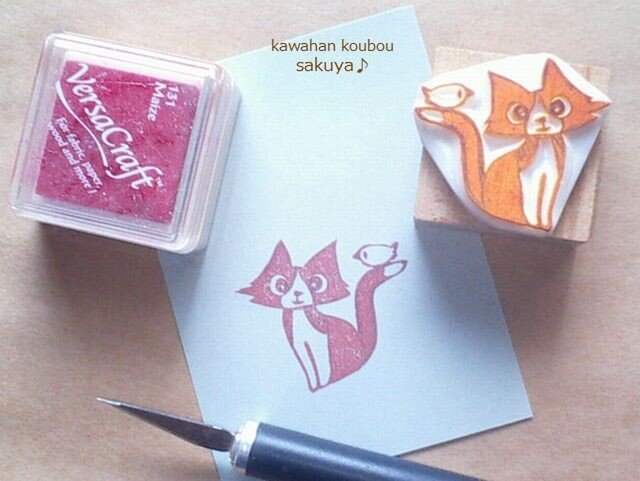 猫と小鳥さん消しゴムはんこの画像1枚目