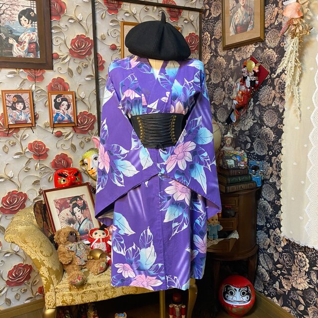 訳あり】浴衣リメイク ミニミディ ワンピース ドレス 和洋折衷 鮮やか