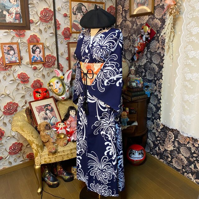 浴衣リメイク ロング ワンピース ドレス 帯サッシュベルト付 和洋折衷