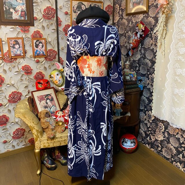 浴衣リメイク ロング ワンピース ドレス 帯サッシュベルト付 和洋折衷
