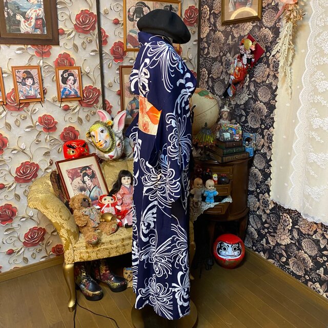 浴衣リメイク ロング ワンピース ドレス 帯サッシュベルト付 和洋折衷