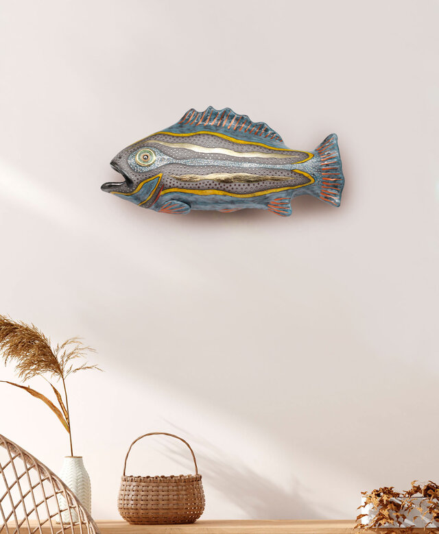 ハンドメイド 陶器の魚の壁掛け彫刻 ブルーフィッシュ（受注生産