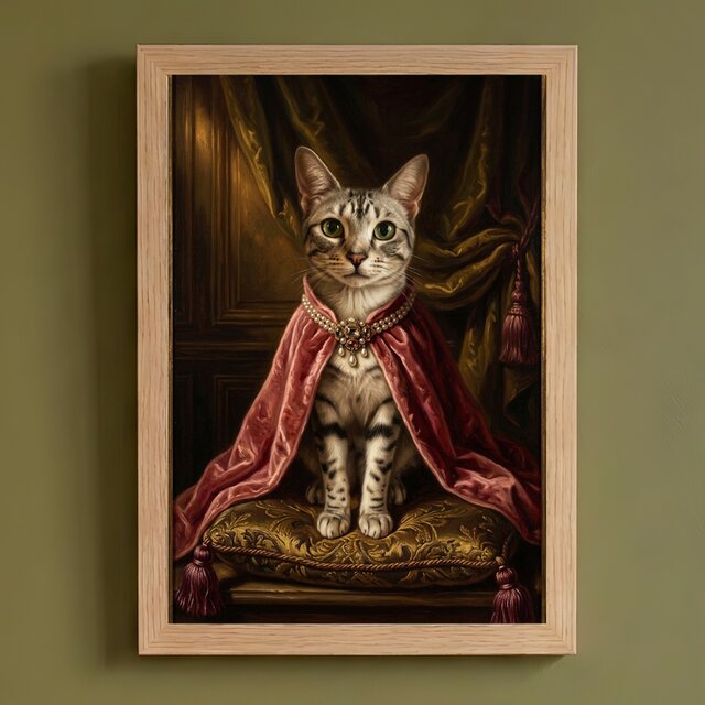 猫（エジプシャンマウ）のルネサンス風肖像画 油絵風アートA4額装
