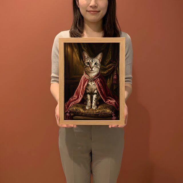 猫（エジプシャンマウ）のルネサンス風肖像画 油絵風アートA4額装