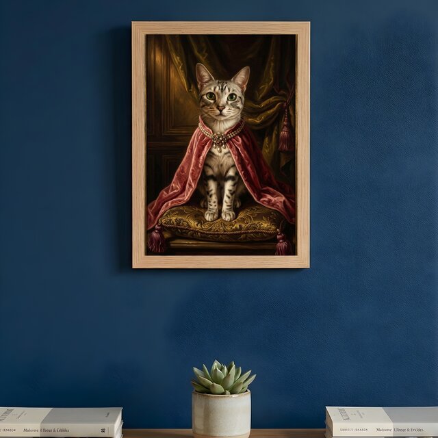猫（エジプシャンマウ）のルネサンス風肖像画 油絵風アートA4額装