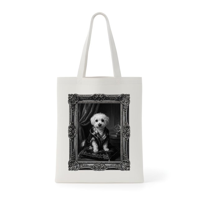 犬（ビションフリーゼ）トートバッグ ルネサンス風モノクロアート 額縁