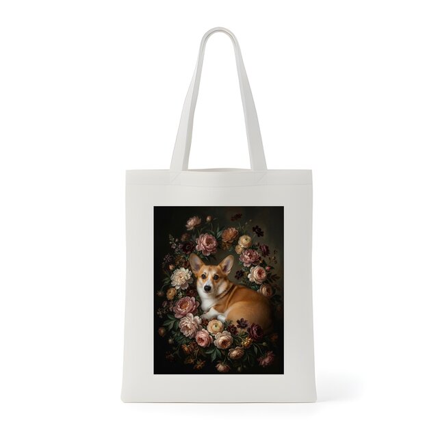 犬（コーギー）トートバッグ 花の油絵風アート キャンバス地 | iichi
