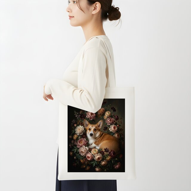 犬（コーギー）トートバッグ 花の油絵風アート キャンバス地 | iichi