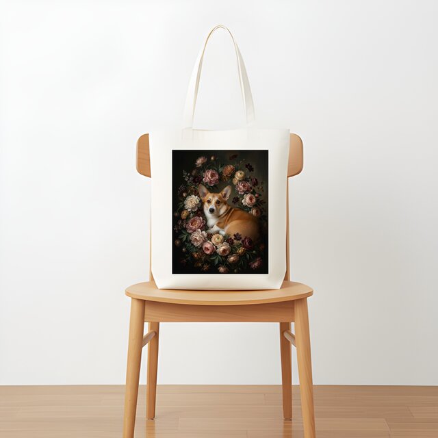 犬（コーギー）トートバッグ 花の油絵風アート キャンバス地 | iichi