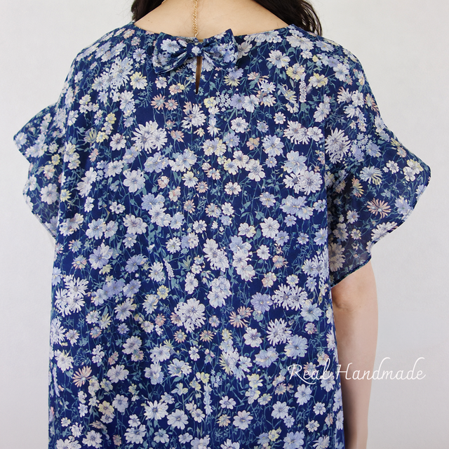 予約販売] 藍色の花野 ネイビーフラワーリネン 袖フリルワンピース