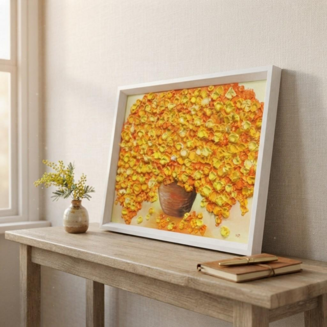 油彩画 原画】空間を彩るミモザの輝き（木製額装入り・一点物