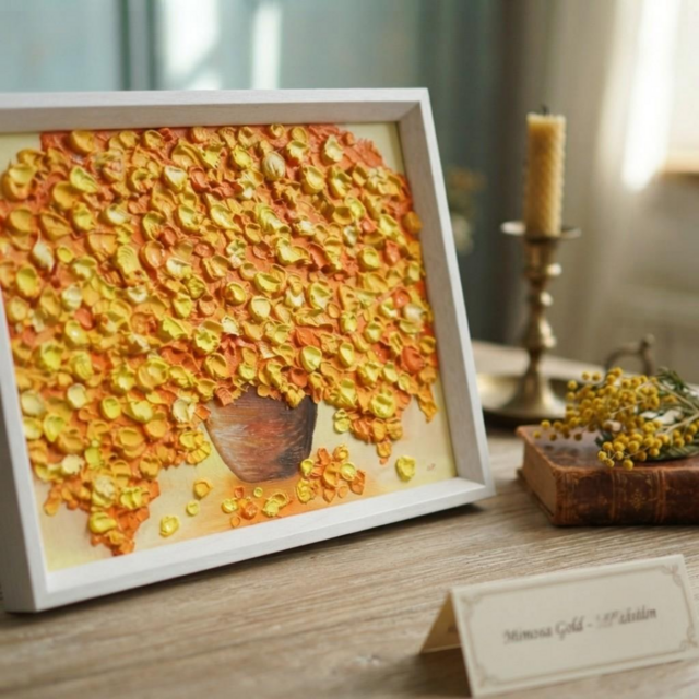 油彩画 原画】空間を彩るミモザの輝き（木製額装入り・一点物