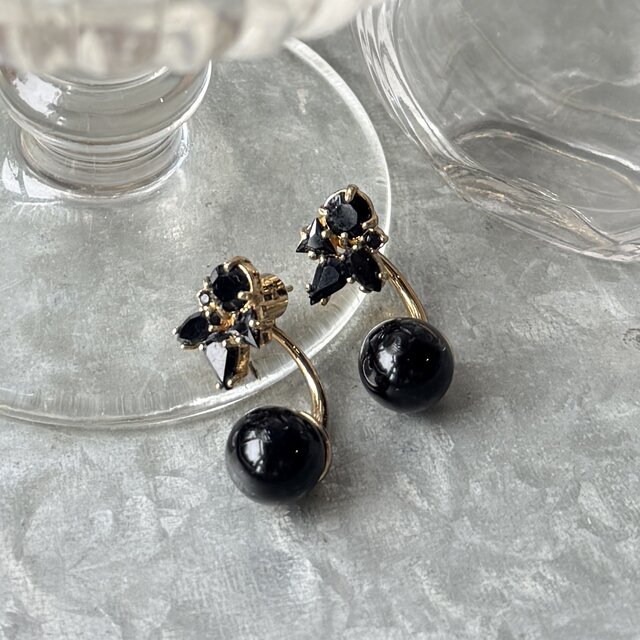 P820-ヴィンテージピアス U.S.A. Black Rhinestone × Ball 2way Ear