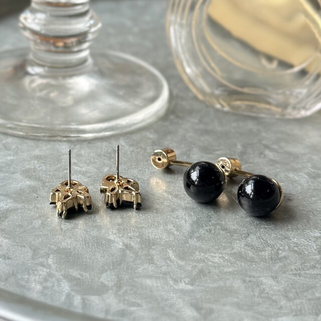 BLACKリップの2wayイヤリング P820-ヴィンテージピアス U.S.A. Black Rhinestone × Ball 2way Ear