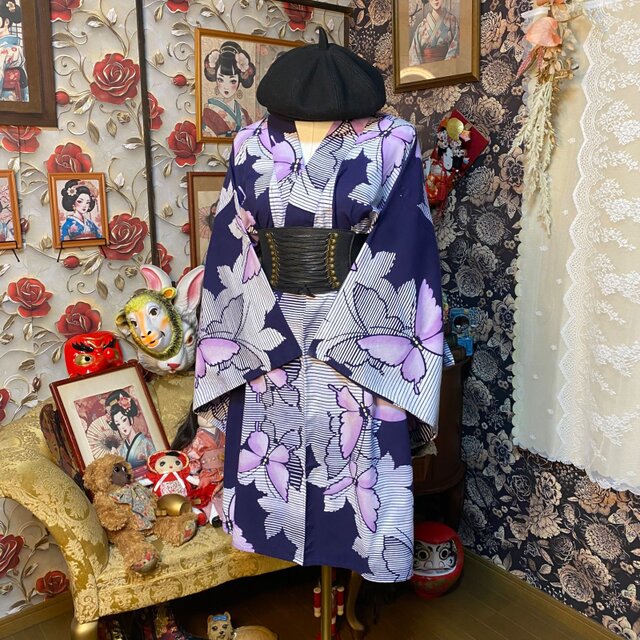 訳あり】浴衣リメイク ミニミディ ワンピース ドレス 和洋折衷 レトロ