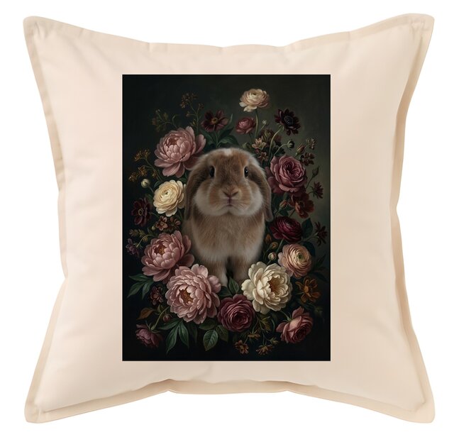 うさぎ（アメリカンファジーロップ）クッション 45cm 花の油絵風カラー