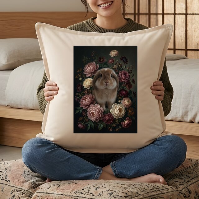 うさぎ（アメリカンファジーロップ）クッション 45cm 花の油絵風カラー