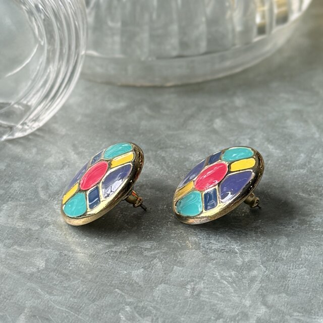 P821-ヴィンテージピアス U.S.A. 1970-80's Geometric Enamel Mosaic