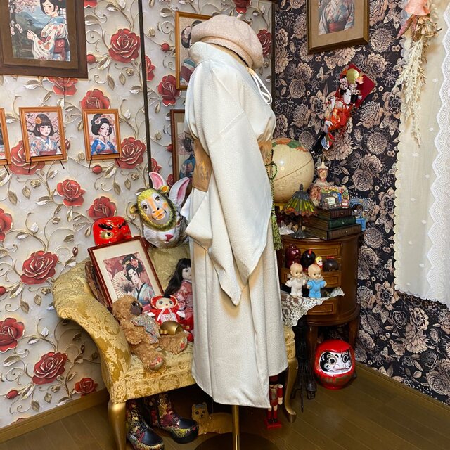 色無地 着物リメイク ワンピース ／ドレス／洗える化繊 帯 淡いグレー