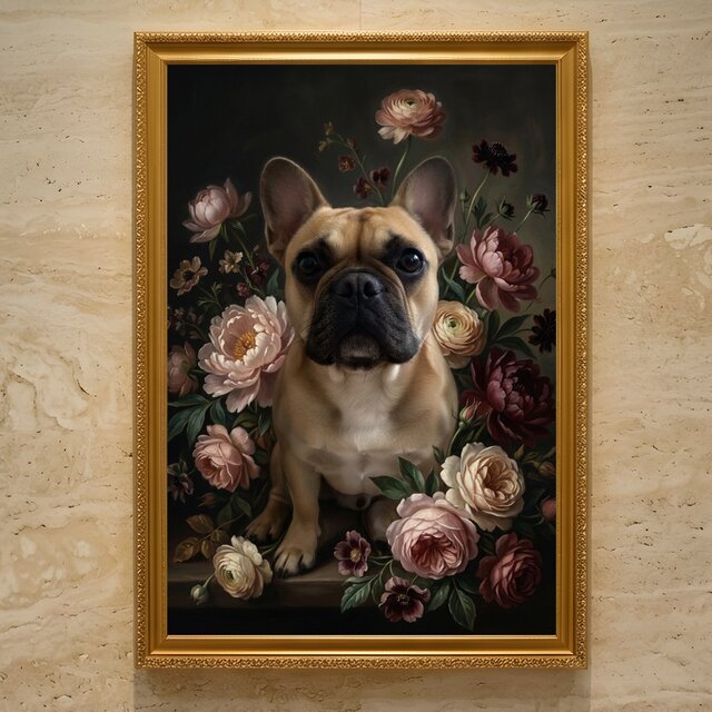 犬（フレンチブルドッグ）の花に囲まれた油絵風アート A3額装