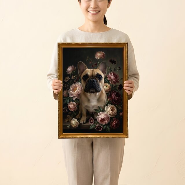 犬（フレンチブルドッグ）の花に囲まれた油絵風アート A3額装