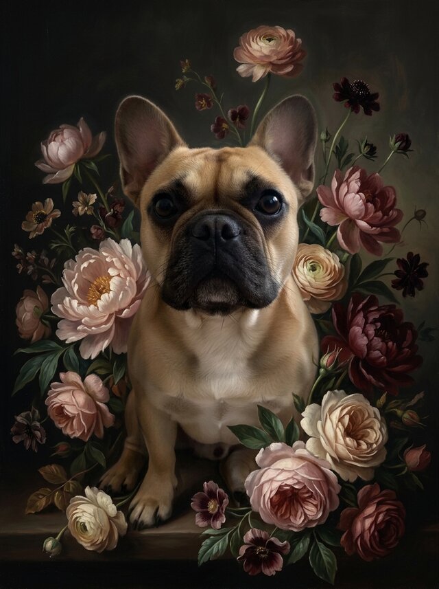 犬（フレンチブルドッグ）の花に囲まれた油絵風アート A3額装