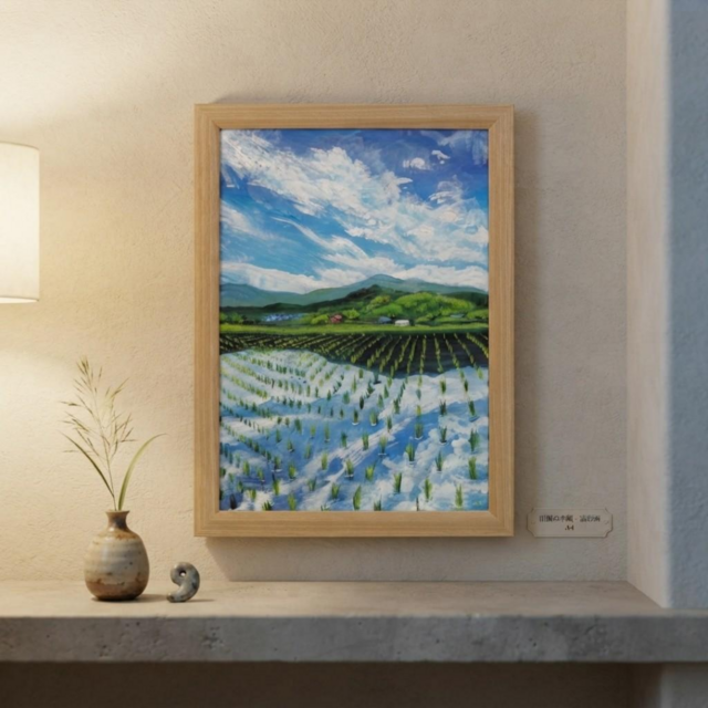 油彩画 原画】初夏の水鏡 〜きらめく青空と水田〜 A4絵画 田舎の風景