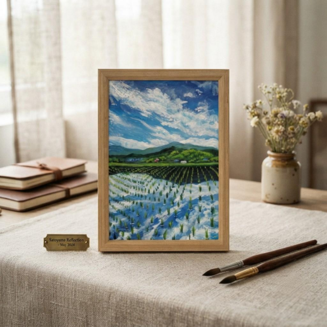 油彩画 原画】初夏の水鏡 〜きらめく青空と水田〜 A4絵画 田舎の風景