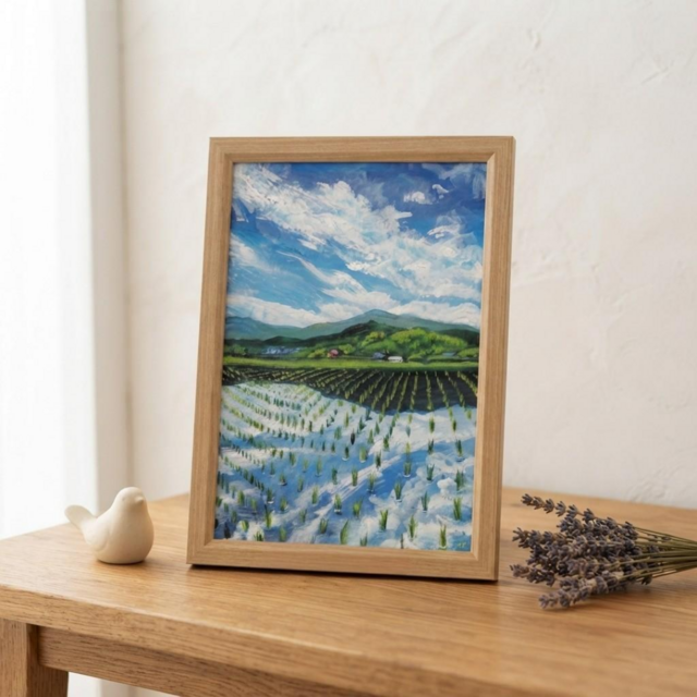 油彩画 原画】初夏の水鏡 〜きらめく青空と水田〜 A4絵画 田舎の風景
