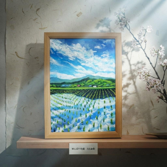 油彩画 原画】初夏の水鏡 〜きらめく青空と水田〜 A4絵画 田舎の風景