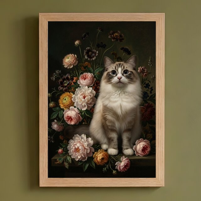 猫（ラグドール）の花に囲まれた油絵風アート A4額装インテリア壁掛け