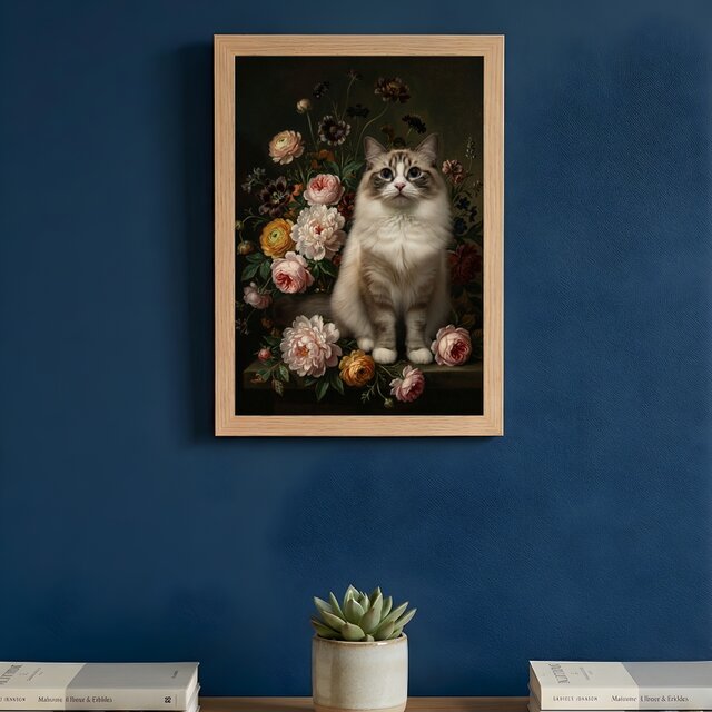 猫（ラグドール）の花に囲まれた油絵風アート A4額装インテリア壁掛け