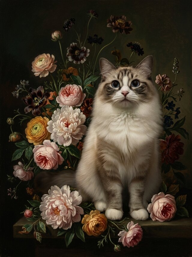 「ラグドール　イン　花畑」　猫、絵画 猫（ラグドール）の花に囲まれた油絵風アート A4額装インテリア壁掛け