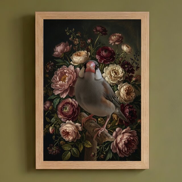 文鳥・ブンチョウの花に囲まれた油絵風アート A4額装インテリア壁掛け