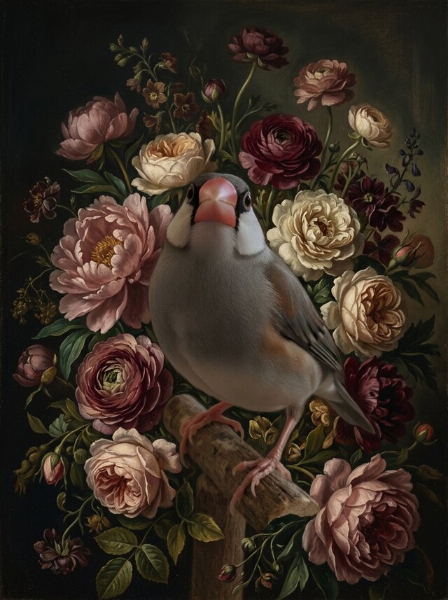 文鳥・ブンチョウの花に囲まれた油絵風アート A4額装インテリア壁掛け