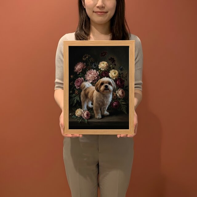 犬（シーズー）の花に囲まれた油絵風アート A4額装インテリア壁掛け