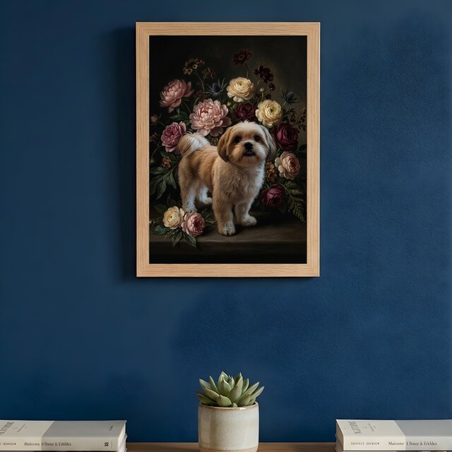 絵画 油絵 犬 シーズ 犬（シーズー）の花に囲まれた油絵風アート A4額装インテリア壁掛け