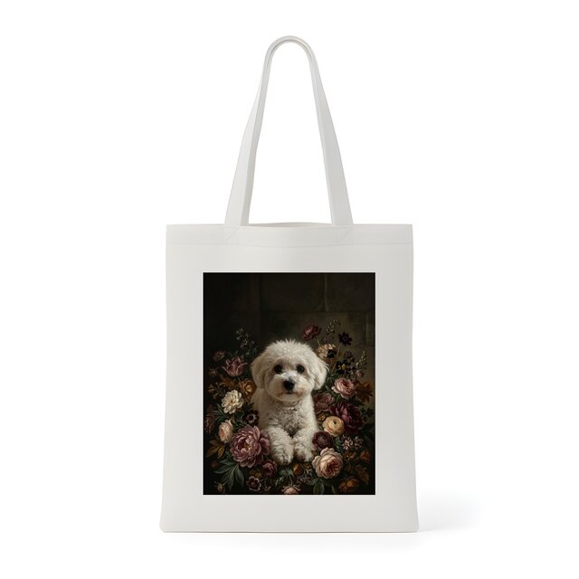 犬（ビションフリーゼ）トートバッグ 花の油絵風アート キャンバス地