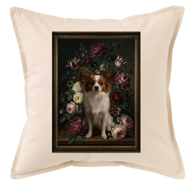 犬（パピヨン）クッション 45cm 花の油絵風カラーアート | iichi 日々