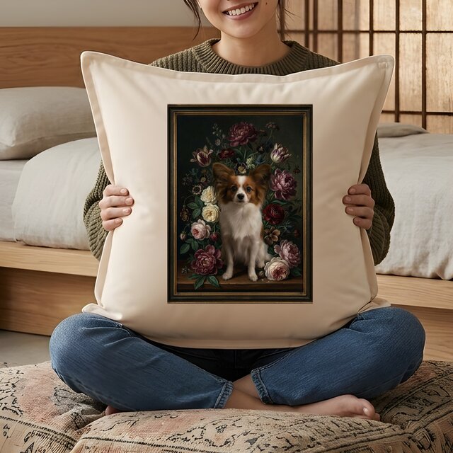 犬（パピヨン）クッション 45cm 花の油絵風カラーアート | iichi 日々