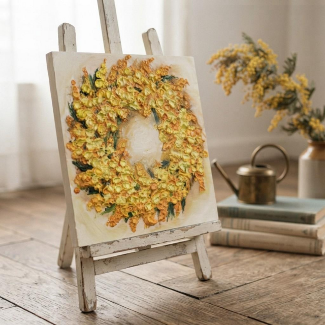 油絵 原画【黄金の記憶、光の輪】ミモザ リース 絵画 花 インテリアアート 油絵 原画「黄金の記憶、光の輪」ミモザ リース 絵画 花 インテリア
