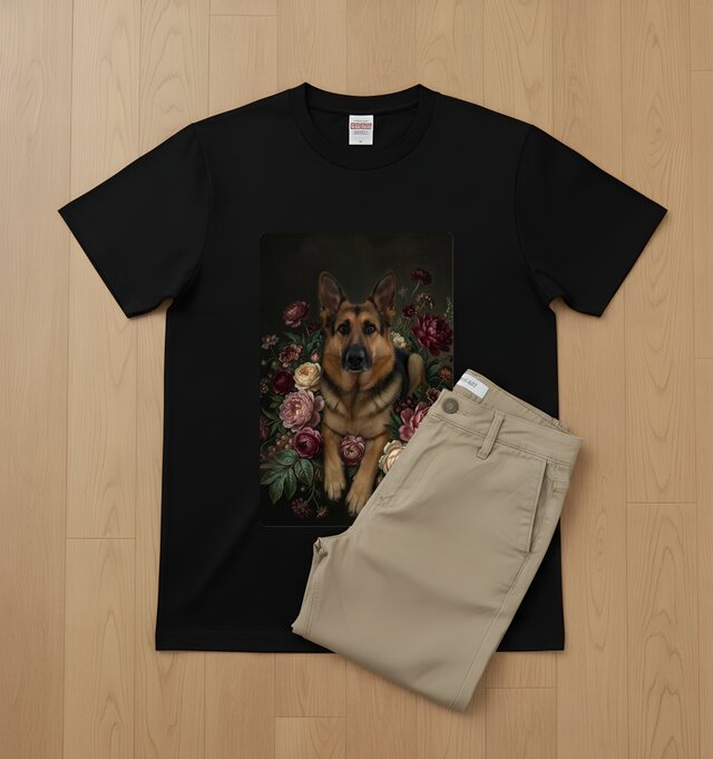 犬（ジャーマンシェパード）半袖Tシャツ 花の油絵風アート ブラック