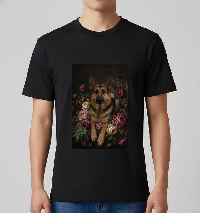 犬（ジャーマンシェパード）半袖Tシャツ 花の油絵風アート ブラック