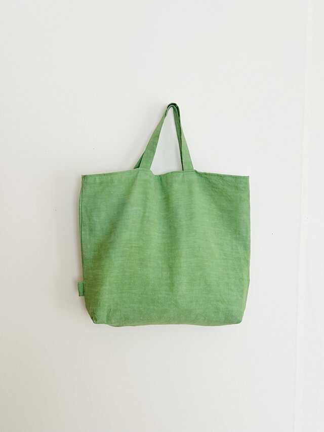 ももページ＊ハンドメイド＊コロントートバック　天日干しリネングリーン 天日干しリネン手提げbag 緑 | iichi 日々の暮らしを心地よくする