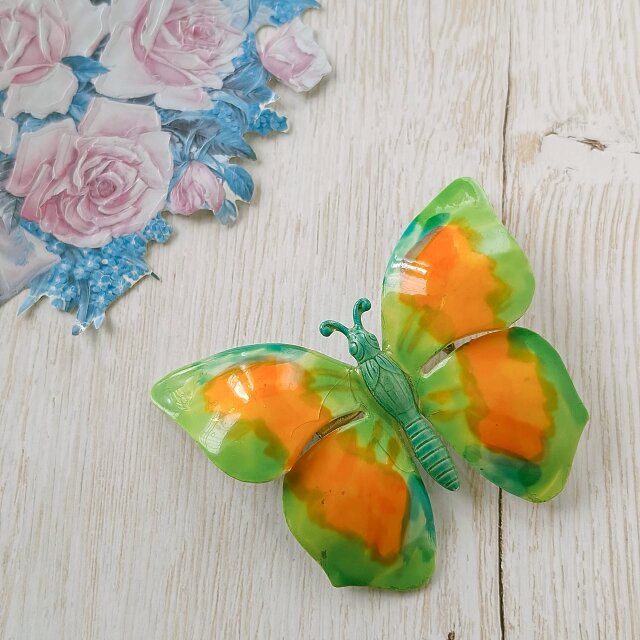 GERMANY》 light green orange enamel butterfly ドイツ ヴィンテージ