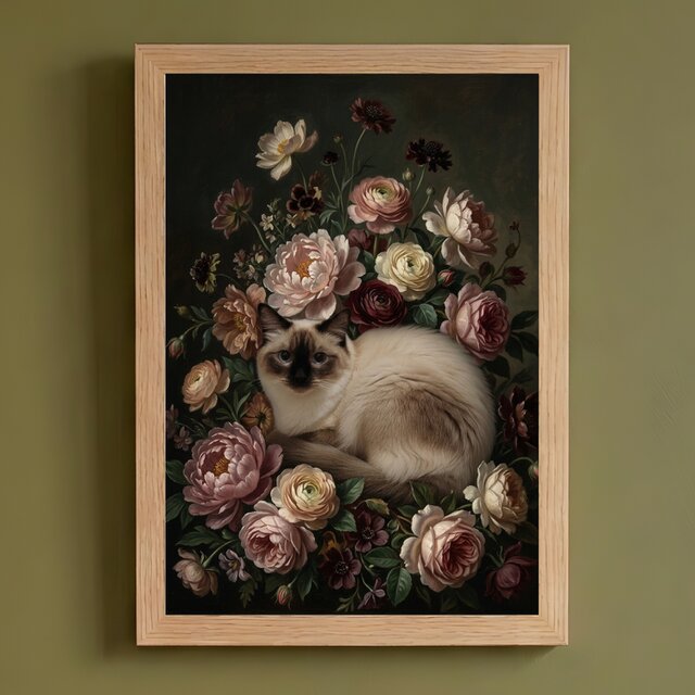 猫（バリニーズ）の花に囲まれた油絵風アート A4額装インテリア壁掛け