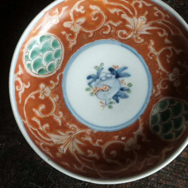 赤で素敵◇伊万里 柘榴文錦手金彩小皿 青海波 骨董/antiques 古美術