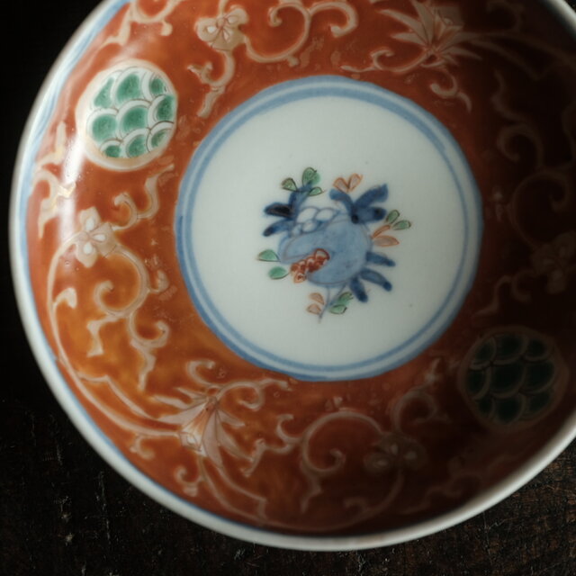 赤で素敵◇伊万里 柘榴文錦手金彩小皿 青海波 骨董/antiques 古美術
