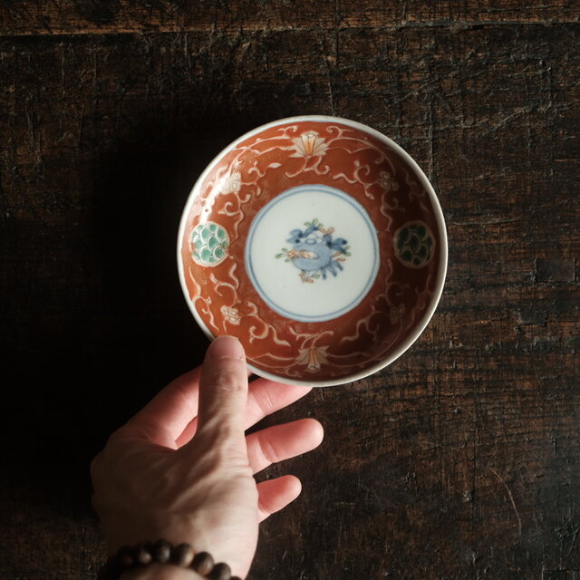 赤で素敵◇伊万里 柘榴文錦手金彩小皿 青海波 骨董/antiques 古美術